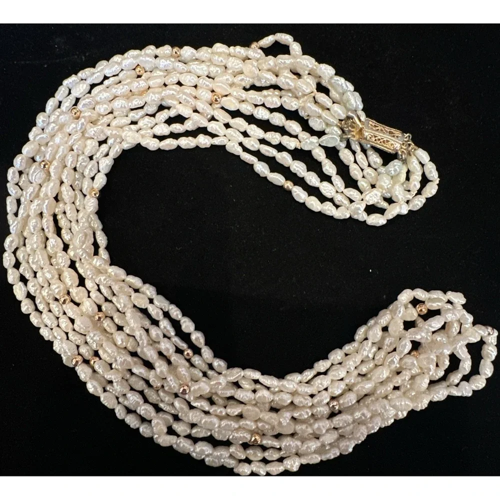VTG Six Strand Seed Pearl Necklace Gold Tone Clasp Beads Hand Knotted Classic